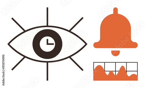 Time management, notifications, tracking, data analysis, scheduling, monitoring. An eye with a clock, a bell symbol and a graph. Time management and notification system concept