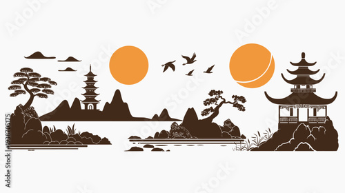 Silhouette art featuring a pagodas, mountains, suns, birds, and trees, evoking a zen-like landscape