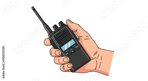 A light-skinned bare hand firmly grips a black walkie-talkie, prominently displaying its buttons, screen, and extended antenna.