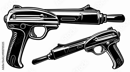 Stylized, black and white illustrations of two handguns, one horizontal and one at an angle