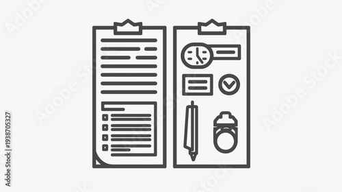 Two minimalistic document clipboards featuring a variety of related icons, representing tasks