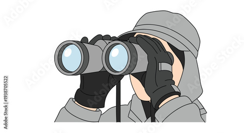 A person wearing a gray hat and jacket looks intently through gray binoculars with light blue lenses, with their face partially obscured.