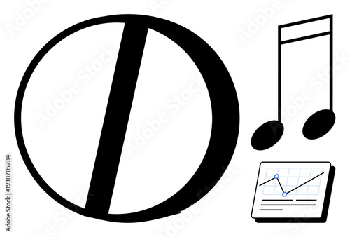 Circular outline, musical note, and graph on digital tablet symbolize harmony, creativity, and data. Ideal for music, analytics, design, business strategy creativity innovation simple flat
