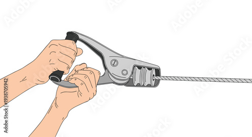Two hands actively operate a grey mechanical rope tensioner with black handles, pulling a thick wire rope against a clean white background.