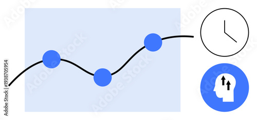 Data analysis. Growth trend line visualizing performance metrics and data patterns. Clock symbol and human mind icon time management and productivity. For business, analytics, time tracking