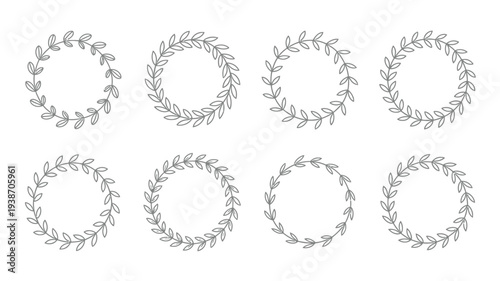 Set of eight floral laurel wreath frames isolated on white background