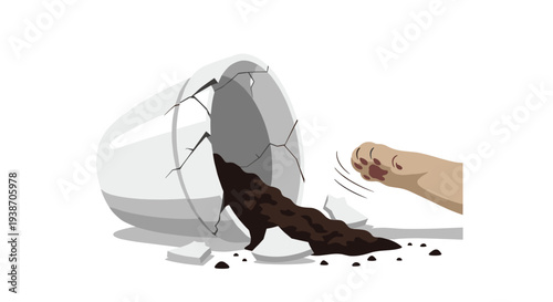 A white ceramic plant pot lies broken and overturned with spilled soil, actively knocked over by a playful cat's paw on a white surface.