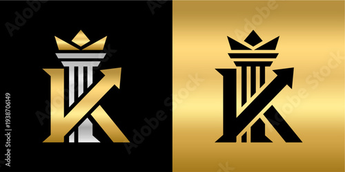 A sleek and luxurious monogram logo featuring the letter 'K' stylized with a crown and a classical pillar, representing royalty, authority, and strength. Available on both black and gold backgrounds.
