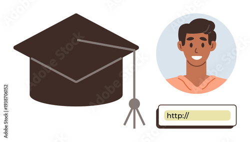 Education, digital identity, online learning, university admissions, graduation, academic achievement. Graduation cap, student profile photo and web address bar. Education and digital identity