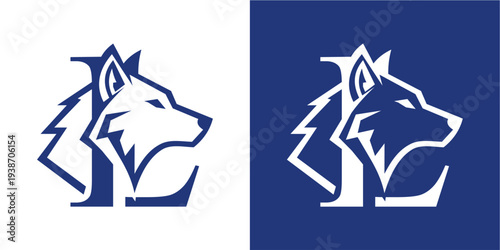 A graphic representation of a wolf's head, designed with sharp, angular lines. It is presented in two variations: white on a solid blue background, and blue on a white background.