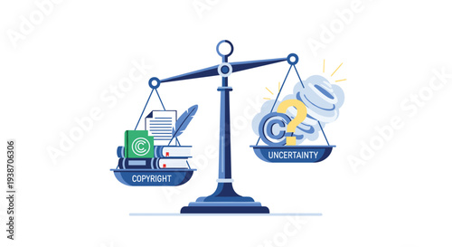 A blue balance scale shows three books, two documents, a feather pen, and a green copyright symbol on the left pan.