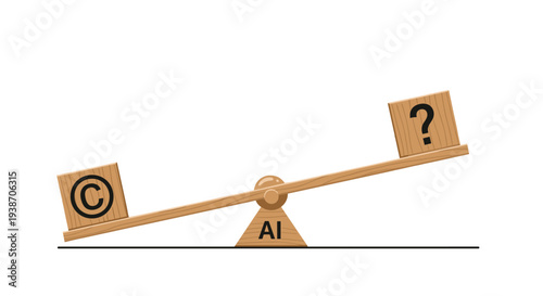 A simple wooden seesaw pivots on a block labeled AI, showing a copyright symbol on the lower left side.