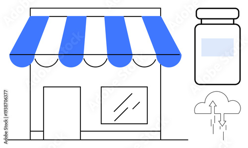 Small business concept. Small business storefront, product packaging, and digital cloud upload e-commerce, retail innovation, and online business growth. For marketing, branding, technology