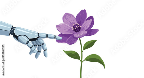 A sleek silver robotic hand, with articulated fingers, extends from the left to gently touch the petals of a single vibrant purple flower.