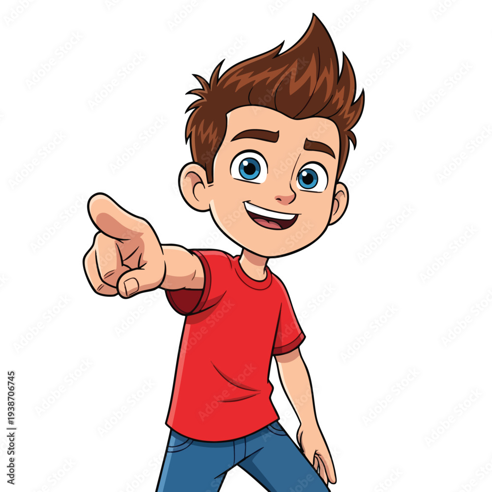Fototapeta premium Young Boy Pointing with Excitement in a Fun Cartoon Style