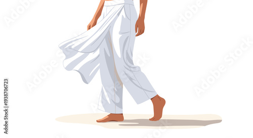 A person's bare legs and lower torso are depicted wearing white flowing wide-leg pants, with one foot lifted in a walking motion on a subtle ground shadow.