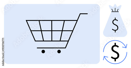 Shopping cart icon next to cash bag and currency exchange symbol. Highlights e-commerce, financial transactions, budgeting, online shopping, economic growth. Ideal for retail, marketing, fintech
