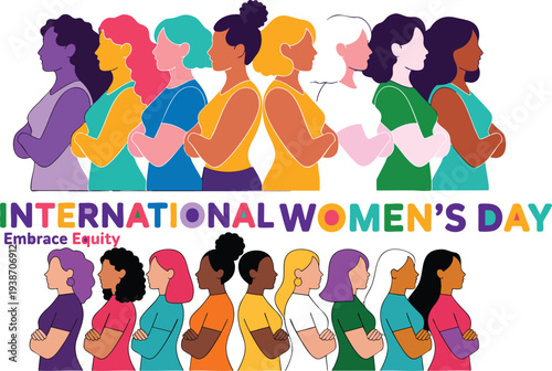 Diverse multicultural women group celebrating International Women's Day promoting inclusion, equality, and female empowerment worldwide
