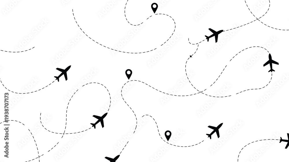 Fototapeta premium Airplane flight paths with map pins isolated on white background