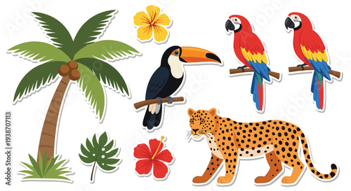 A vibrant collection of ten individual sticker-style illustrations showcases a tall palm tree, a toucan, two macaws, a leopard, and hibiscus flowers on a white background.