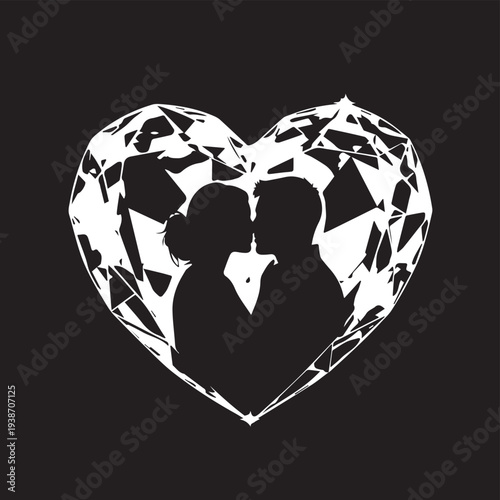 Romantic silhouette of couple kissing inside a geometric crystal heart design.