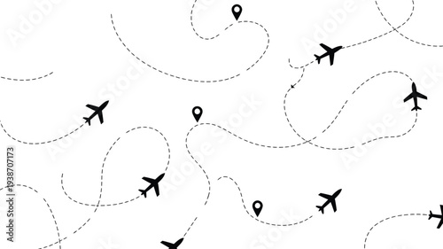 Airplane flight paths with map pins isolated on white background