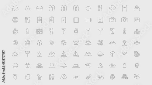 Set of travel and summer vacation line icons isolated on light gray background