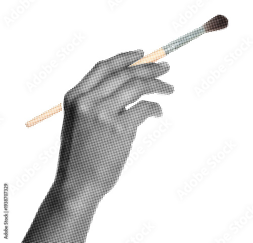 Hand holding a paintbrush like drawing, isolated on transparent background with vintage newspaper print texture. Concept of art, creativity and retro print media style