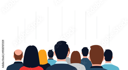 A diverse group of people are standing with their backs to the viewer, looking upwards at a blank white space.