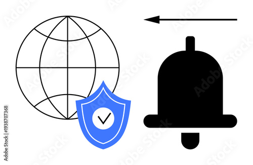Security concept. Security illustrated through a shield, globe, and bell icons indicating global protection and notifications. Security data privacy, alerts, and online systems. Ideal for technology