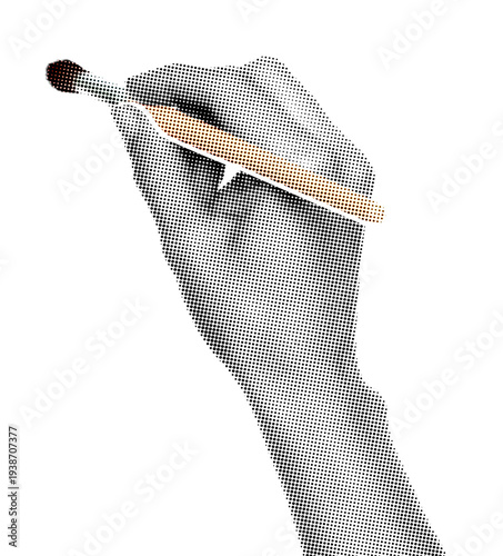 Hand holding a paintbrush like drawing, isolated on transparent background with vintage newspaper print texture. Concept of art, creativity and retro print media style