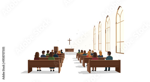 A diverse group of people are sparsely seated in light wooden pews, observing a distant altar with a cross inside a spacious church.