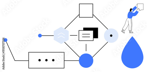 Digital process concept. Visual ation of a digital process with interconnected geometric shapes, data flow patterns, and abstract elements. Digital process for innovation, technology, data handling
