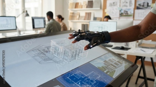 Photos Architect using a futuristic haptic VR glove to interact with a 3D holographic building model in a modern office