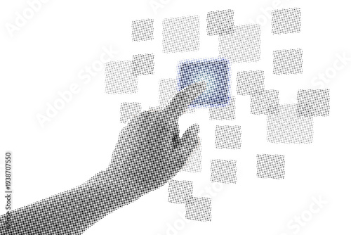 Hand pressing a virtual button isolated on transparent background with vintage newspaper print texture. Concept of social media engagement, subscription and online communication