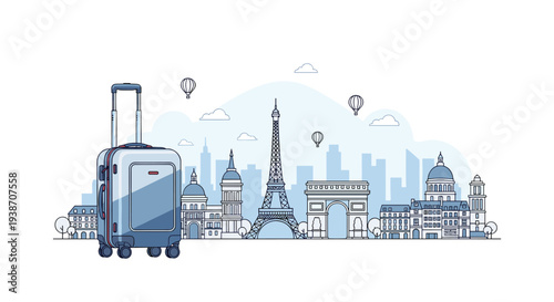 A light blue suitcase with a silver handle stands in the foreground against a detailed light blue outline illustration of the Paris skyline.