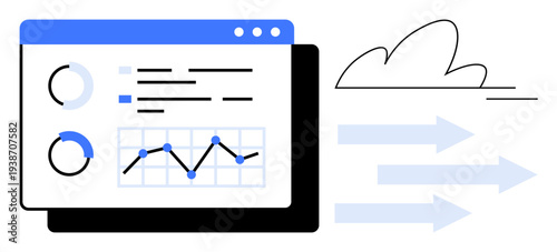 Data analysis, cloud computing, information flow, business intelligence, connectivity, technology. A dashboard with graphs and data connecting to a cloud. Data analysis and cloud computing concept