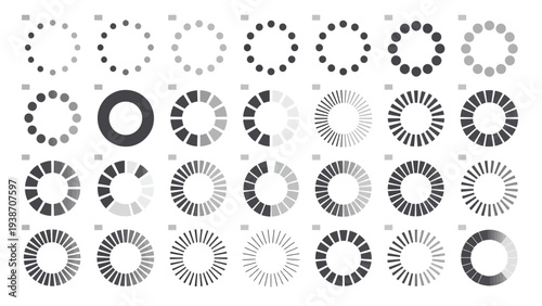 Set of black loading progress bar circles isolated on white background