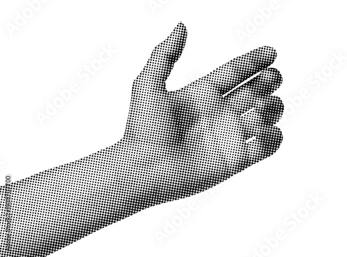Hand gesture like holding something, isolated on transparent background with vintage newspaper print texture. Concept of presentation, offering, selection and universal communication
