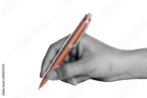 Hand holding a business pen like writing, isolated on transparent background with vintage newspaper print texture. Concept of business communication, signing documents and retro print style