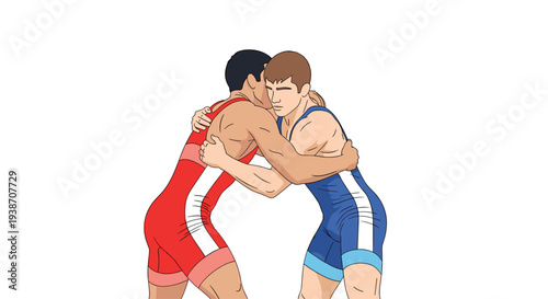 Two muscular male wrestlers, one adorned in a vibrant red singlet and the other in a distinct blue singlet, are intensely grappling in a standing position on a pristine white background.