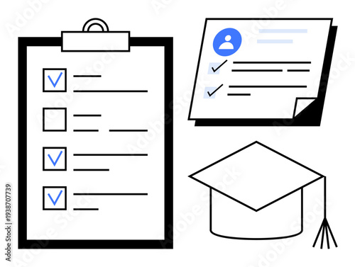 Clipboard with marked checklist, document featuring profile and checkmarks, graduation cap. Ideal for education, planning, organization, academic achievement, assessment, goal-setting simple flat