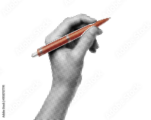 Hand holding a business pen like writing, isolated on transparent background with vintage newspaper print texture. Concept of business communication, signing documents and retro print style