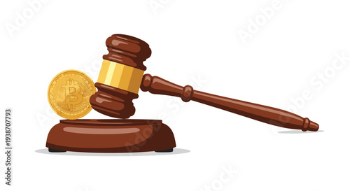 A robust wooden gavel with a golden head is actively striking a large, detailed golden Bitcoin cryptocurrency coin, which is positioned on a dark brown sound block, against a clear white backdrop.