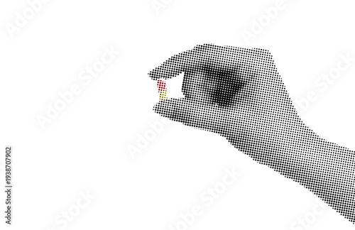 Hand holding a medical pill isolated on transparent background with vintage newspaper print texture. Concept of healthcare, medicine, treatment and pharmaceutical industry