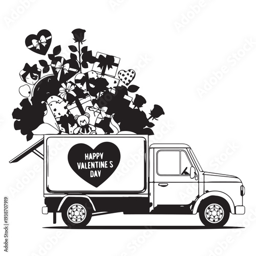 Valentine's Day Truck Parade with Silhouetted People Celebrating on a Delivery Vehicle.
