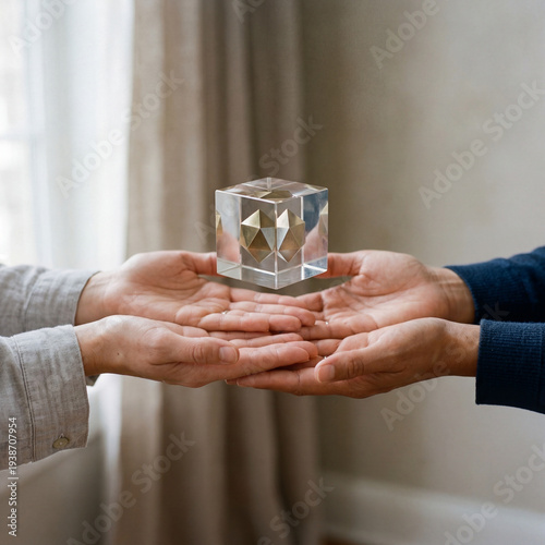Support and Responsibility Concept – Hands Holding Floating Geometric Object