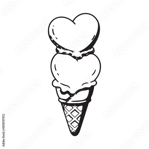 Cartoon Heart Shaped Ice Cream Cone with Two Scoops in a Waffle Cone.