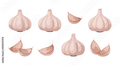 A collection of three whole garlic bulbs and five separated cloves with light purple-white skins is spread across a pristine white background.