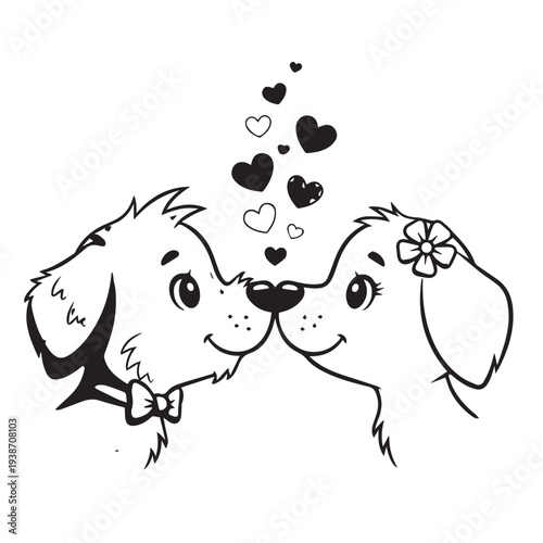 Two cartoon dogs share a loving kiss with floating hearts in a tender illustration.